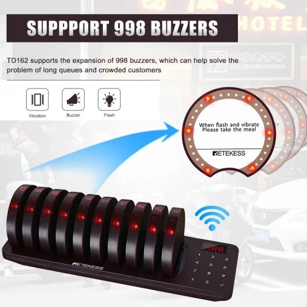 نظام استدعاء لاسلكي للمطاعم من Retekess TD162 مع 10 من أجهزة الاهتزاز للطاولات، يستخدم للمقاهي وصالونات التجميل صالات الطعام وغيرها