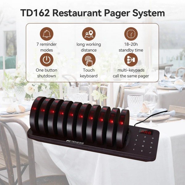 نظام استدعاء لاسلكي للمطاعم من Retekess TD162 مع 10 من أجهزة الاهتزاز للطاولات، يستخدم للمقاهي وصالونات التجميل صالات الطعام وغيرها