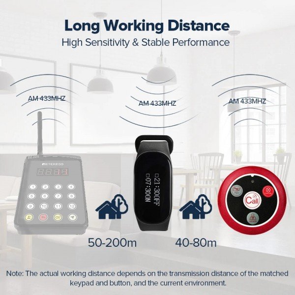 نظام استدعاء النادل اللاسلكي RETEKESS TD112 مع ساعة مقاومة للماء وأزرار متعددة اللغات